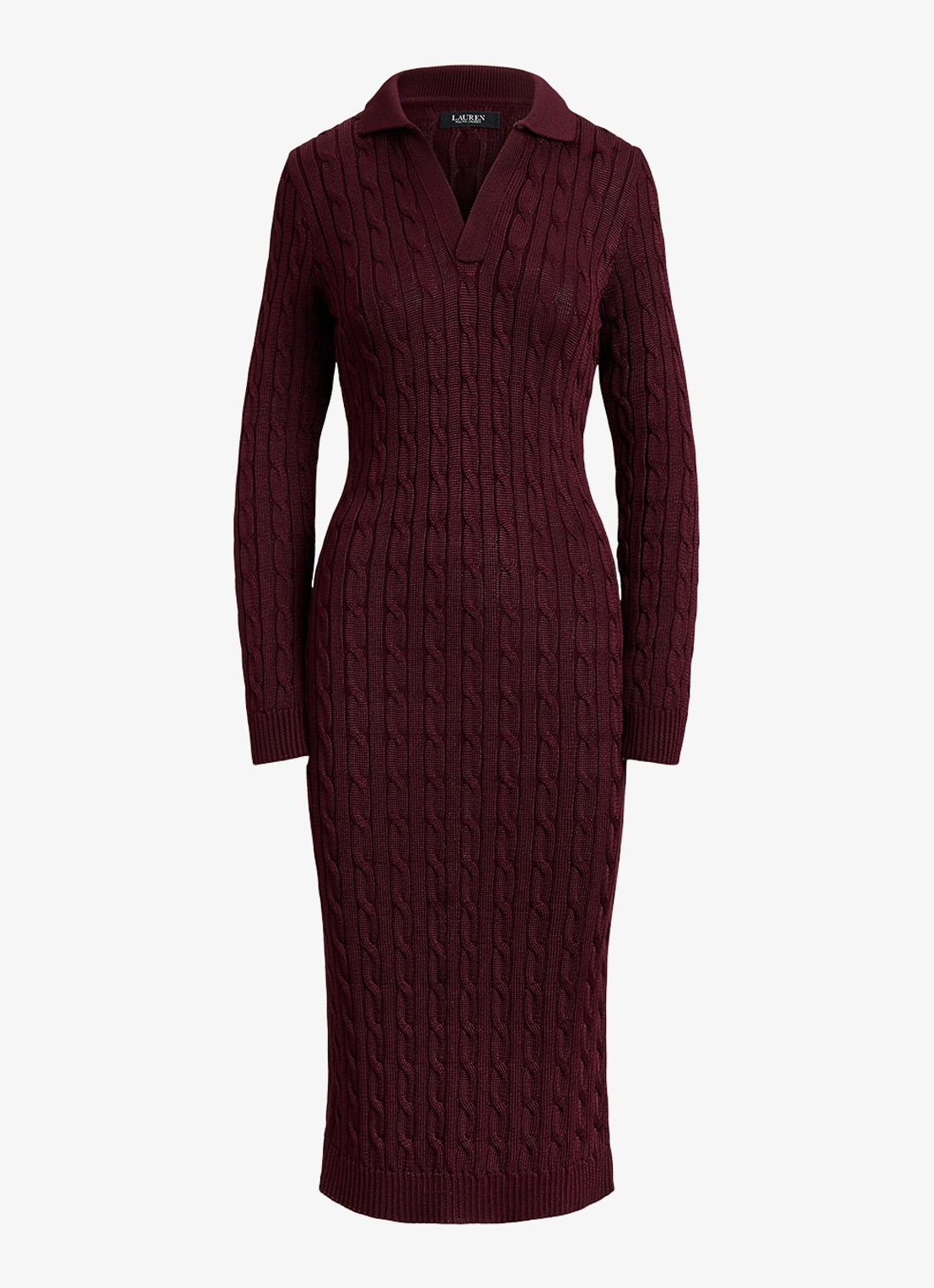 Ralph Lauren Kabelgebreide midi trui-jurk met kraag - voorkant dark garnet / bordeauxrood