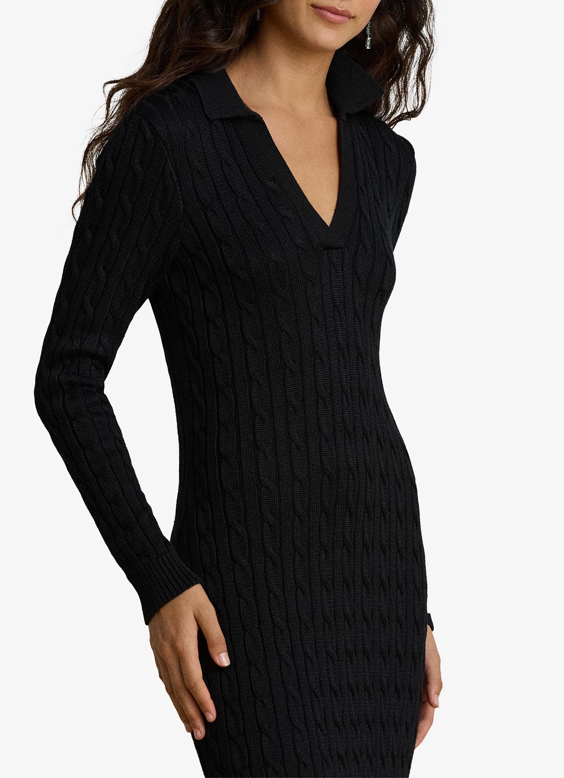 Ralph Lauren Kabelgebreide midi trui-jurk met kraag - detail 3 zwart