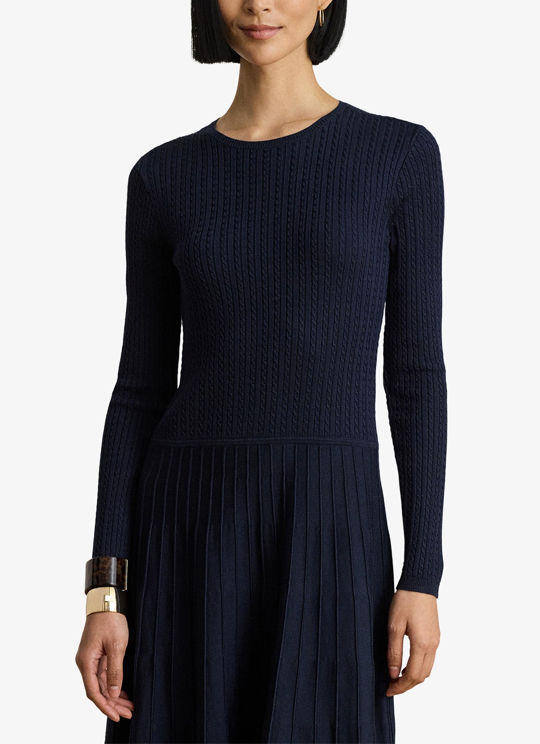 Ralph Lauren Kabelgebreide midi trui-jurk met ronde hals - detail lauren navy / blauw