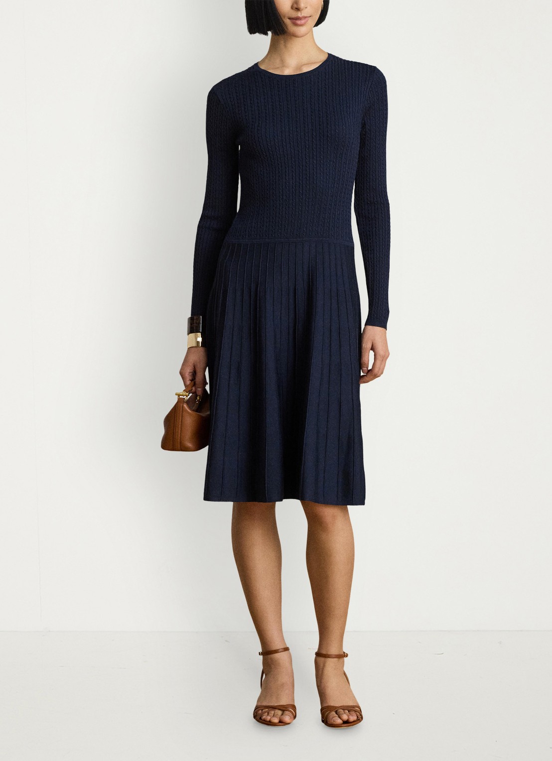 Ralph Lauren Kabelgebreide midi trui-jurk met ronde hals - voorkant 5 lauren navy / blauw