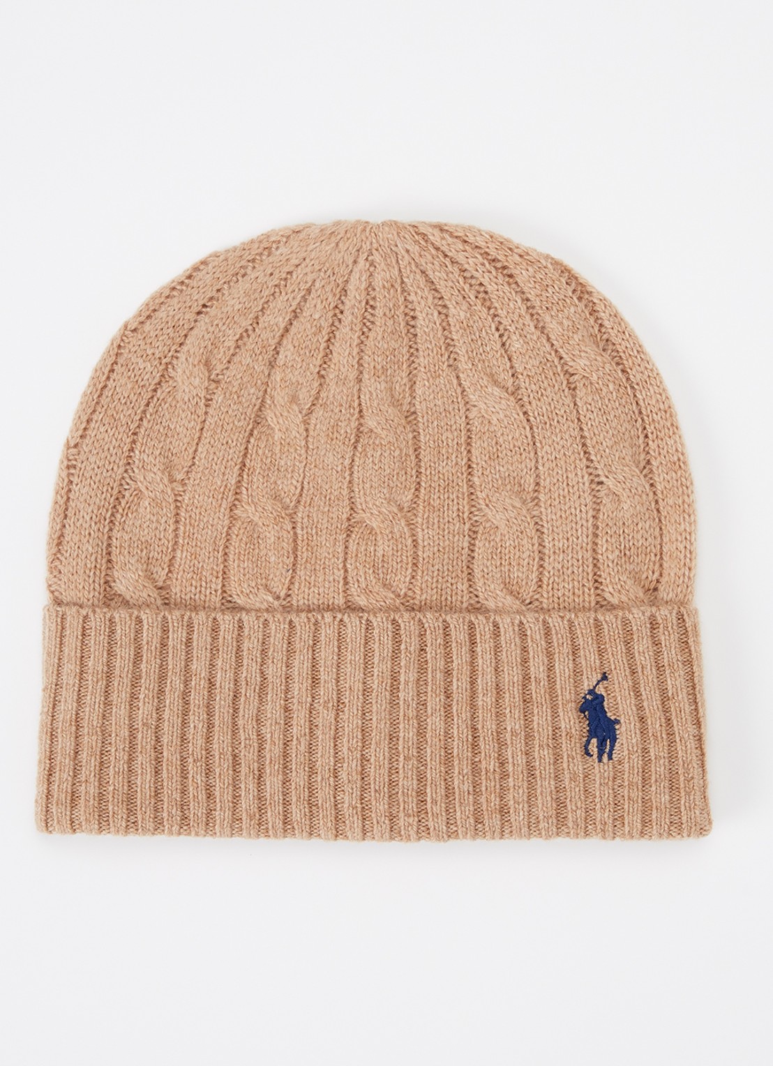 Ralph Lauren Kabelgebreide muts in kasjmierblend met logoborduring - voorkant camel