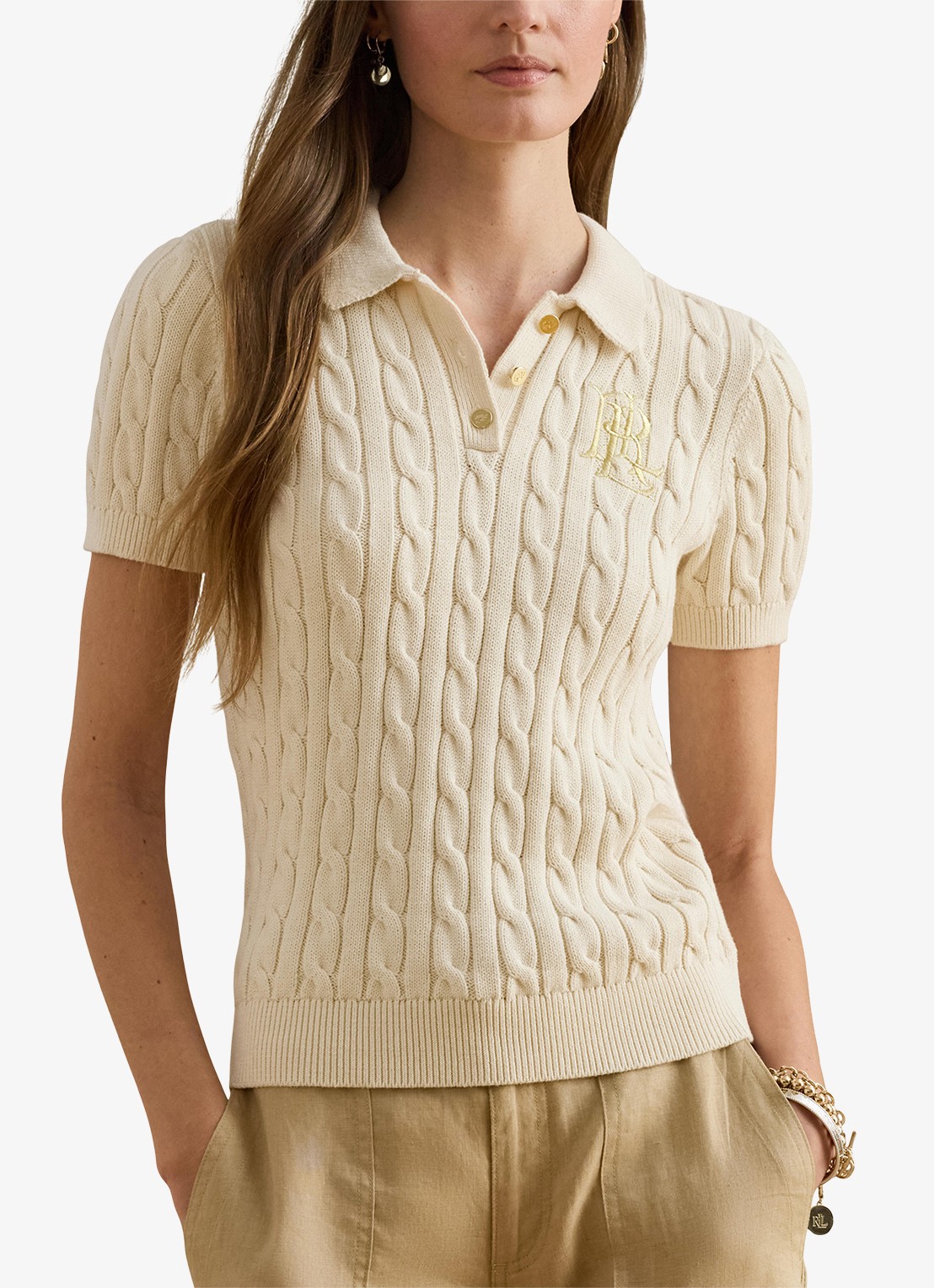 Ralph Lauren  Kabelgebreide polo met logoborduring - detail 8 mascarpone cream / beige