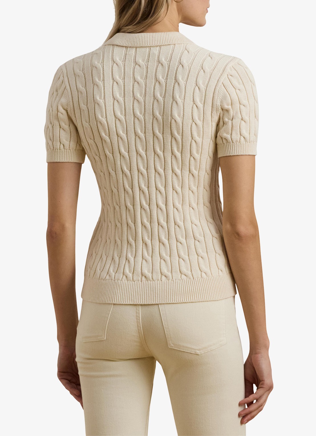 Ralph Lauren  Kabelgebreide polo met logoborduring - achterkant 6 mascarpone cream / beige