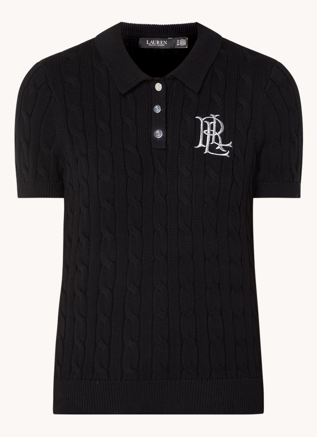 Ralph Lauren  Kabelgebreide polo met logoborduring - voorkant 3 black / zwart
