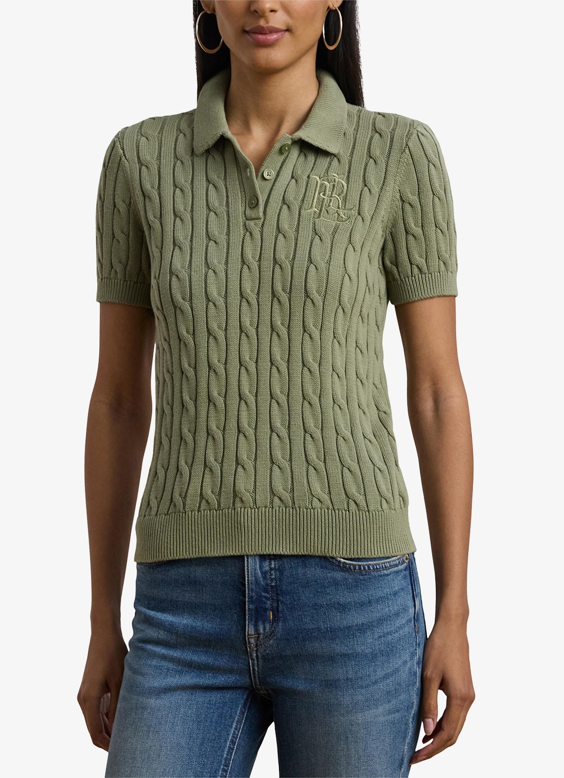 Ralph Lauren  Kabelgebreide polo met logoborduring - detail 3 sage green / groen