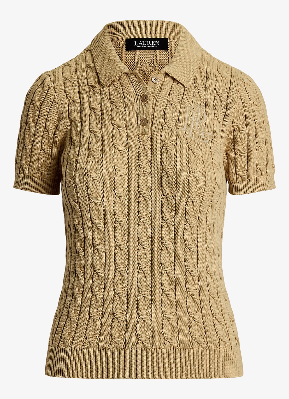 Ralph Lauren  Kabelgebreide polo met logoborduring - voorkant birch tan / beige