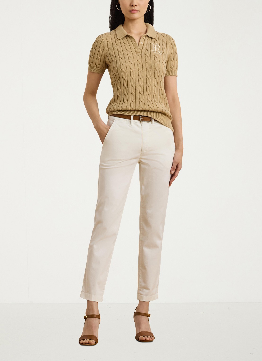Ralph Lauren  Kabelgebreide polo met logoborduring - voorkant 2 birch tan / beige