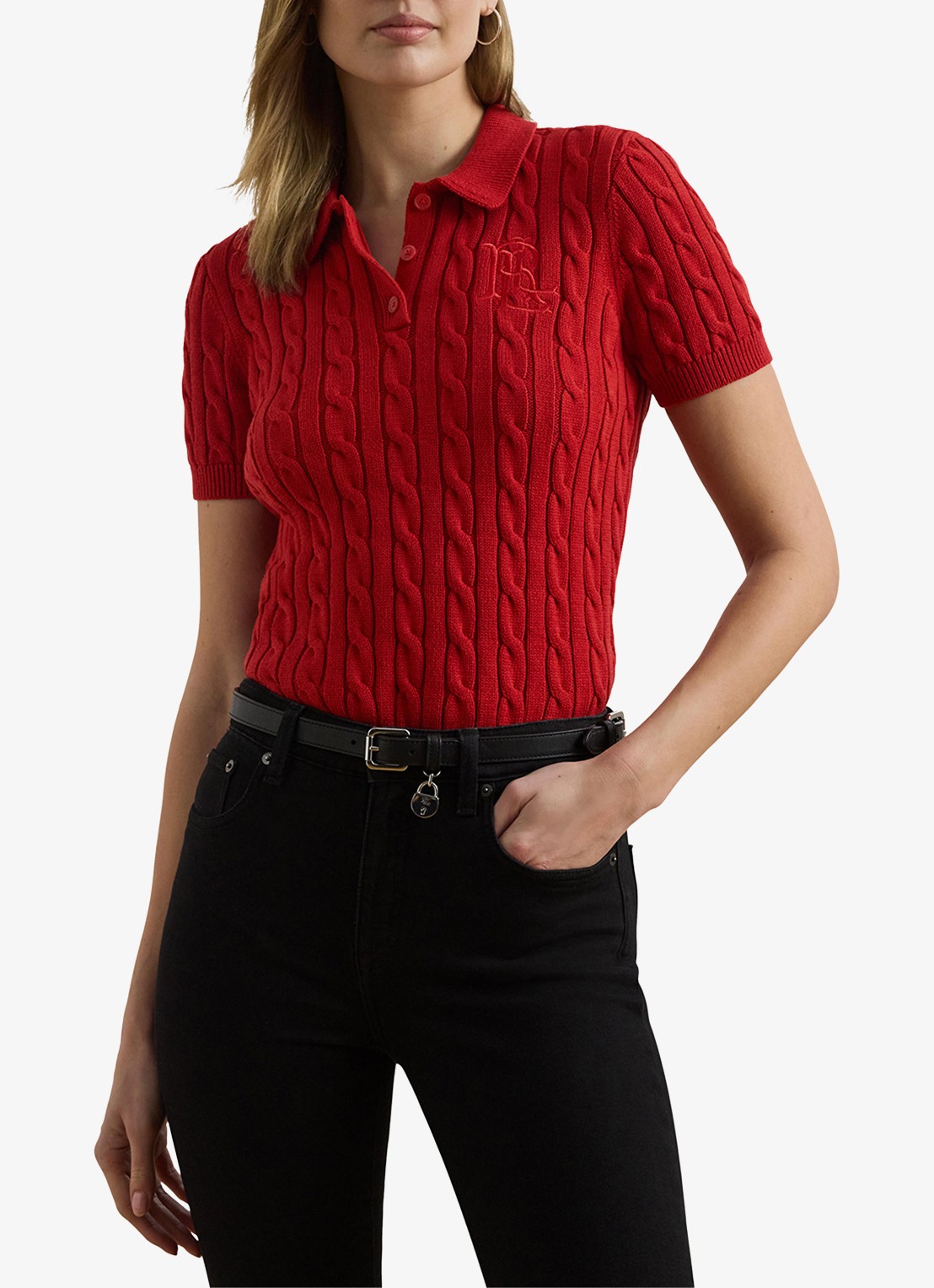 Ralph Lauren  Kabelgebreide polo met logoborduring - detail 4 madison red / rood