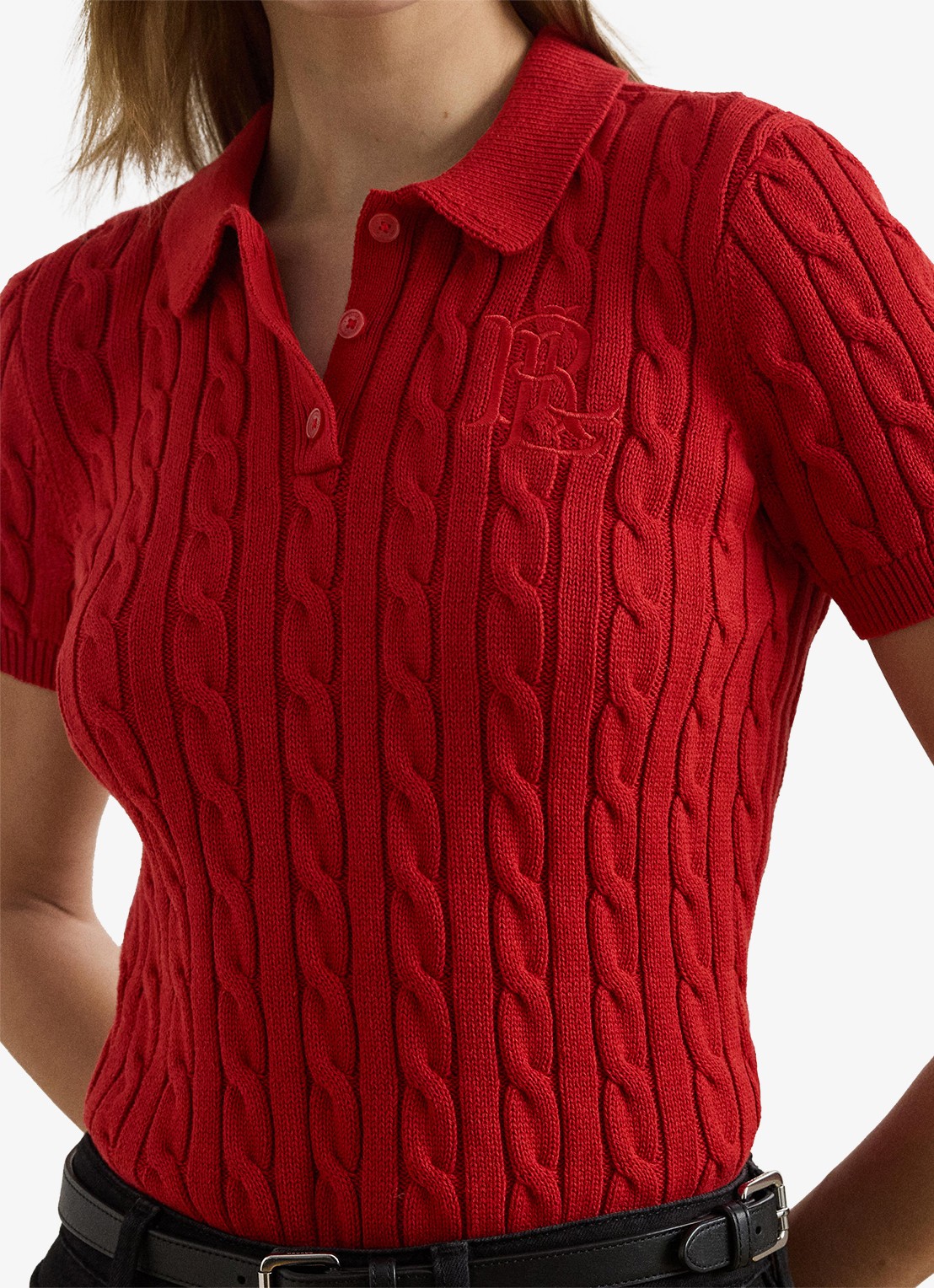 Ralph Lauren  Kabelgebreide polo met logoborduring - detail 5 madison red / rood