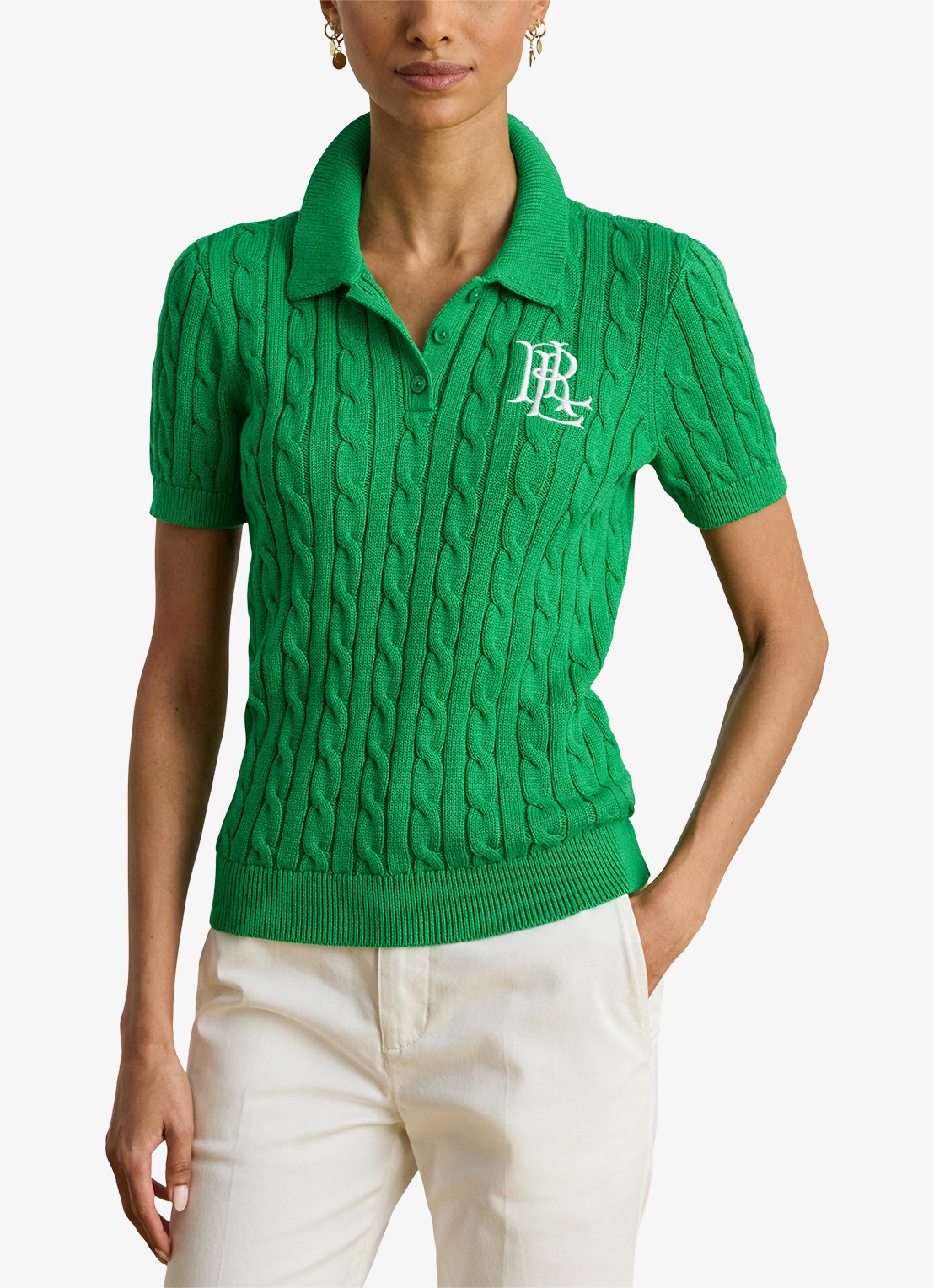 Ralph Lauren  Kabelgebreide polo met logoborduring - detail 4 stem / groen
