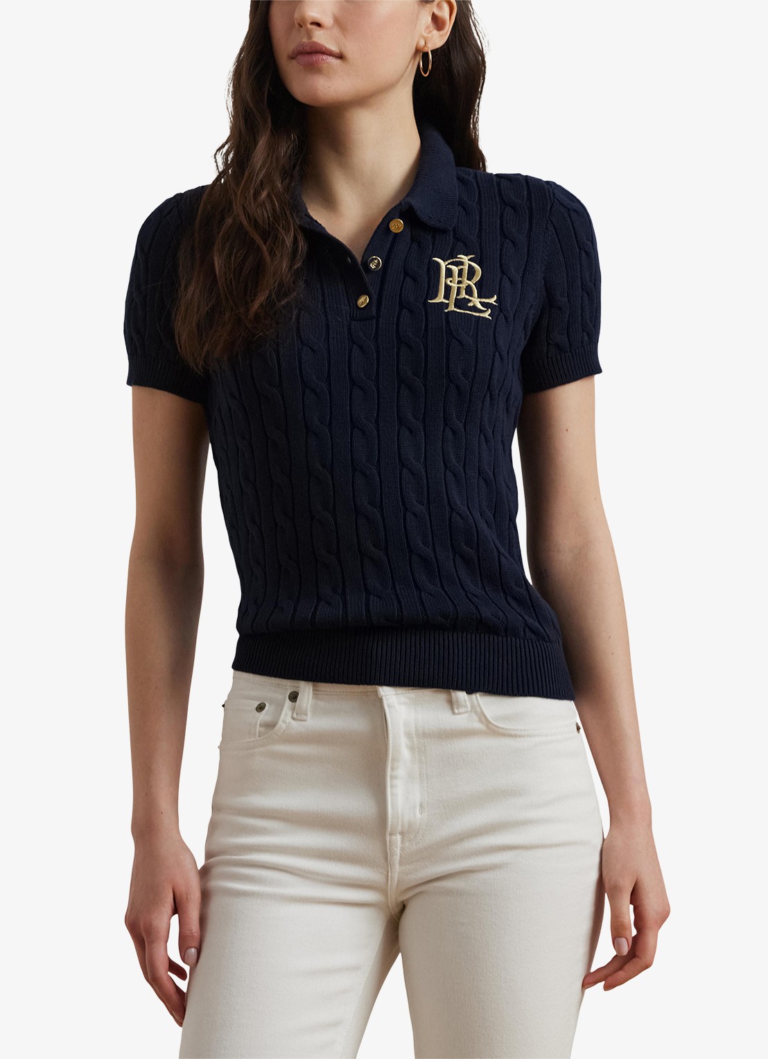 Ralph Lauren  Kabelgebreide polo met logoborduring - detail blauw