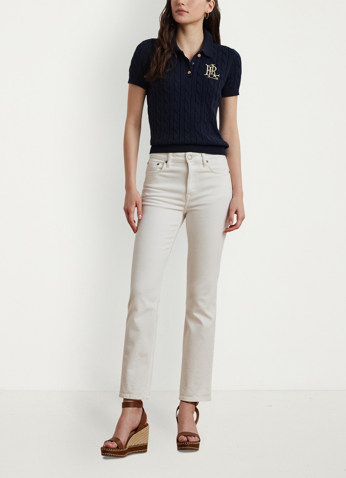 Ralph Lauren  Kabelgebreide polo met logoborduring - voorkant 3 blauw