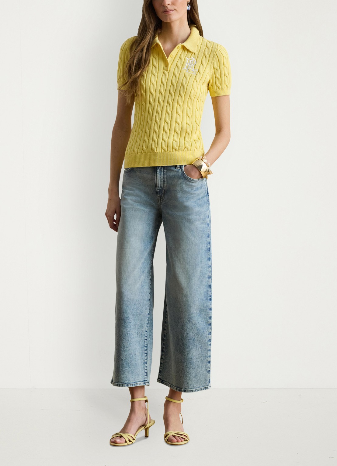 Ralph Lauren  Kabelgebreide polo met logoborduring - voorkant 3 lemon sorbet / geel