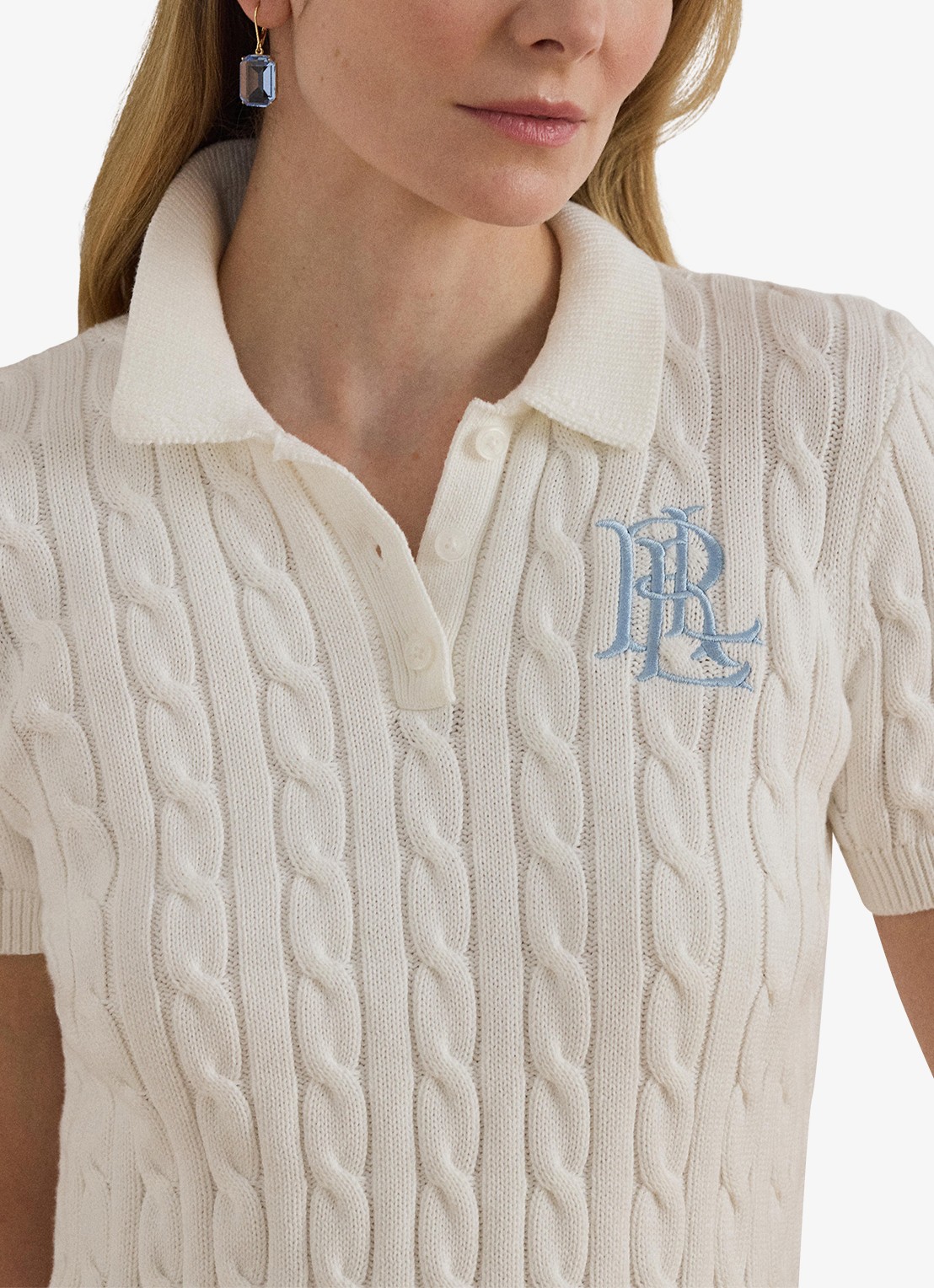Ralph Lauren  Kabelgebreide polo met logoborduring - detail 5 wit