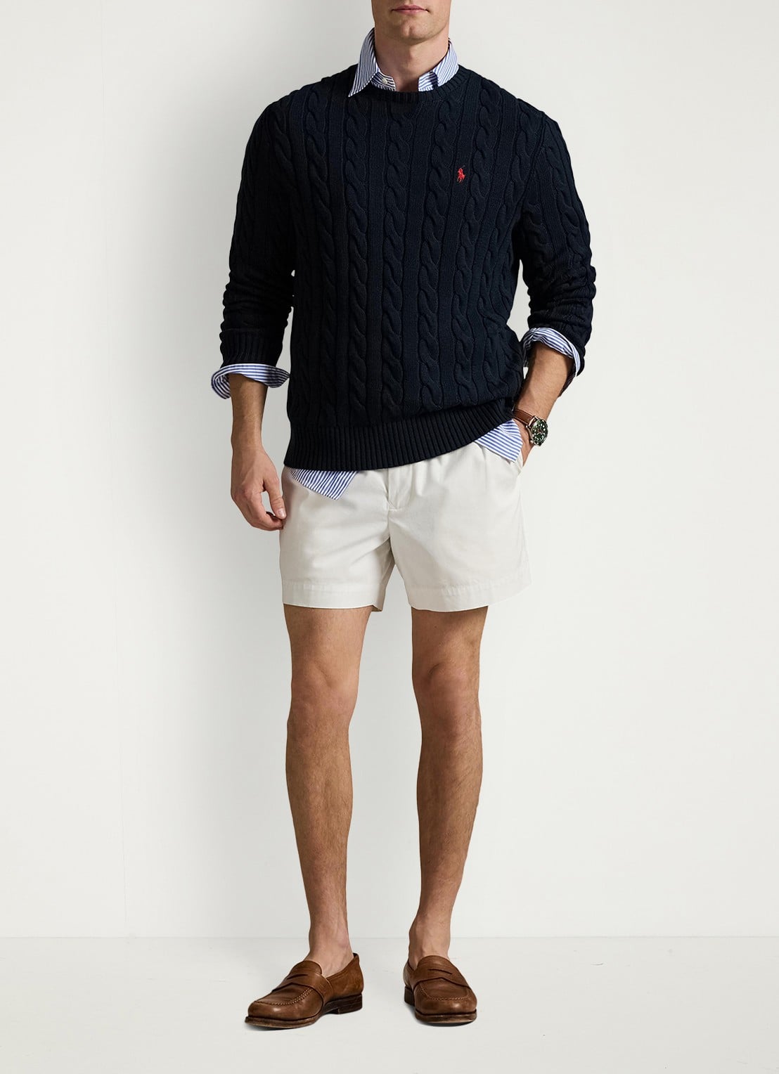 Ralph Lauren Kabelgebreide pullover met logoborduring - voorkant 8 hunter navy / blauw