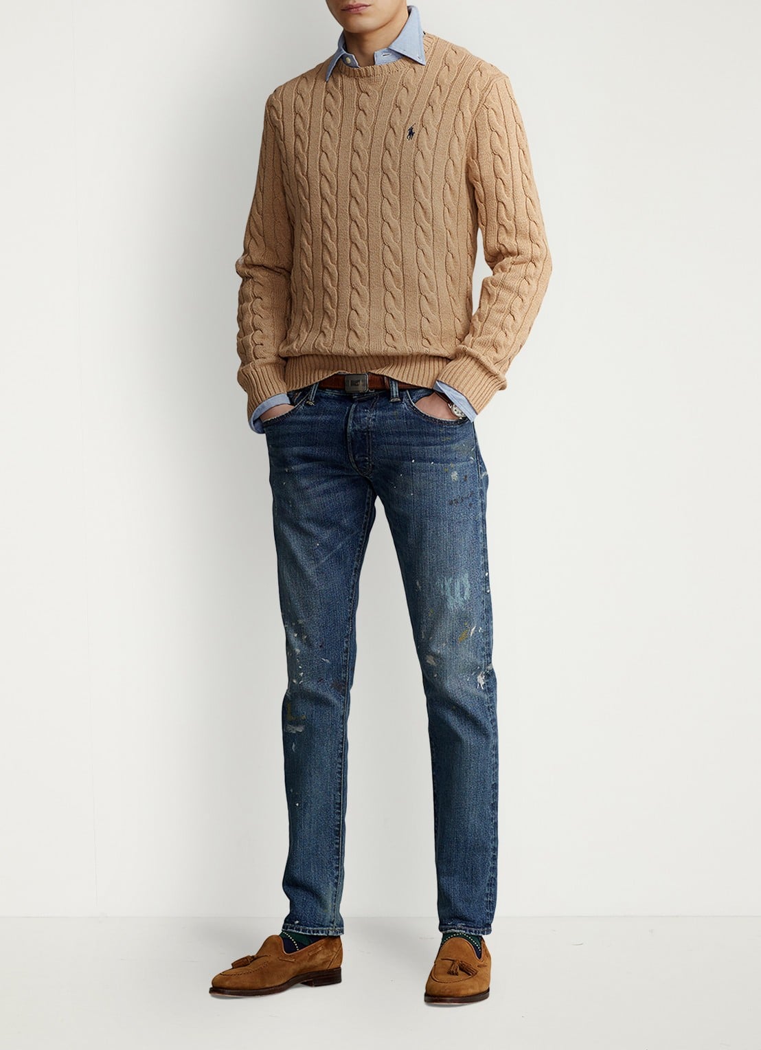 Ralph Lauren Kabelgebreide pullover met logoborduring - voorkant 4 camel melange-2x88