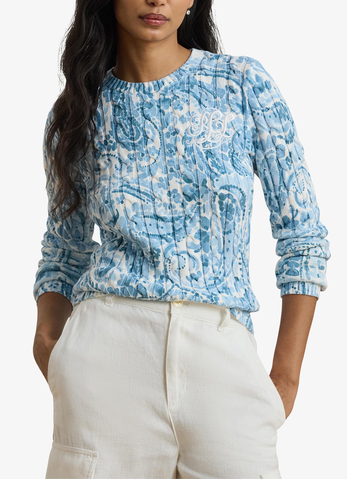 Ralph Lauren Kabelgebreide pullover met paisley dessin - detail 3 white/blue / blauw
