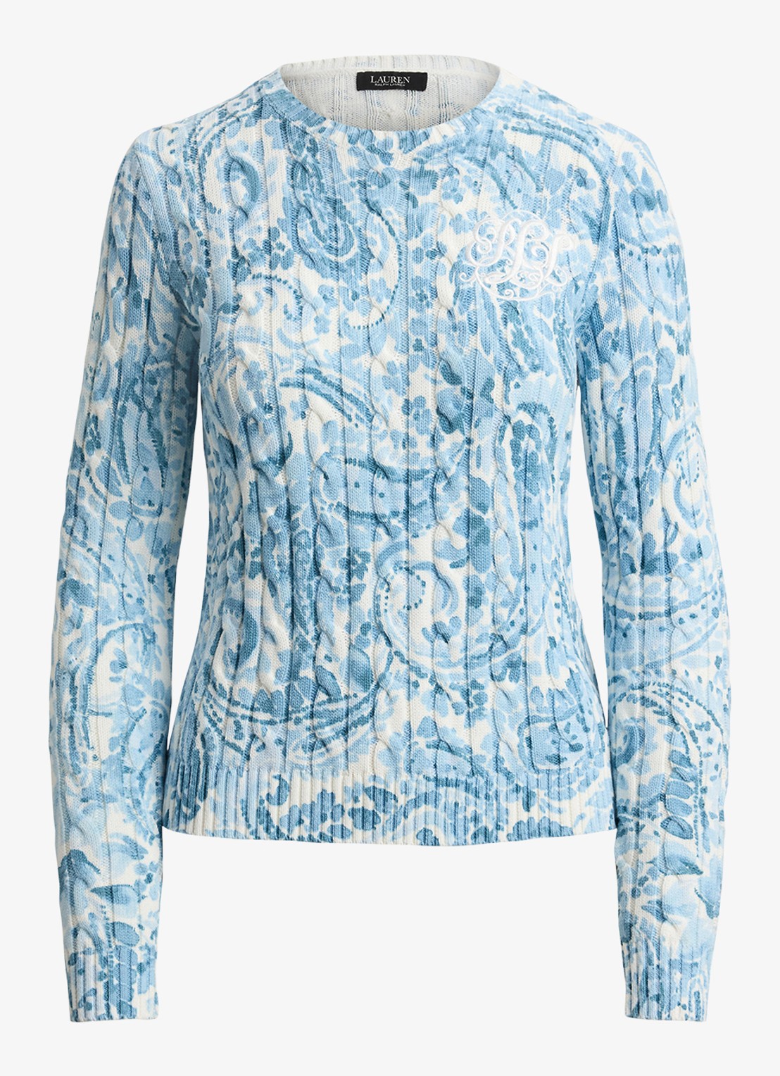 Ralph Lauren Kabelgebreide pullover met paisley dessin - voorkant white/blue / blauw