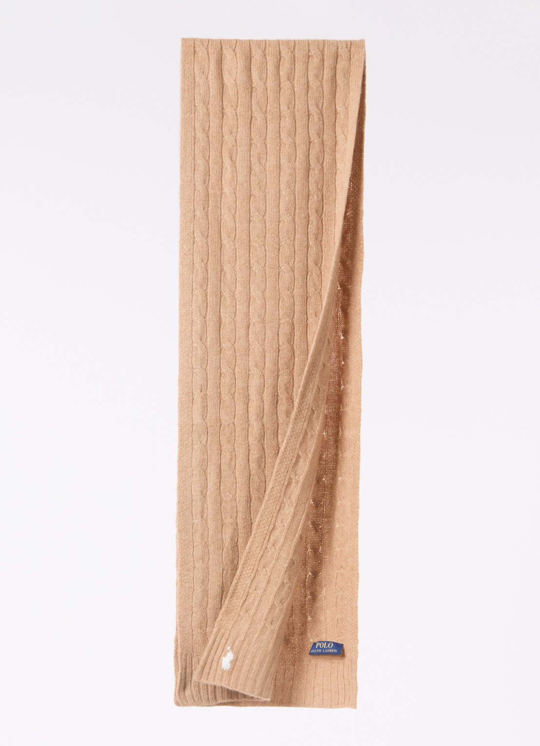 Ralph Lauren Kabelgebreide sjaal in kasjmierblend 183 x 27 cm - detail camel