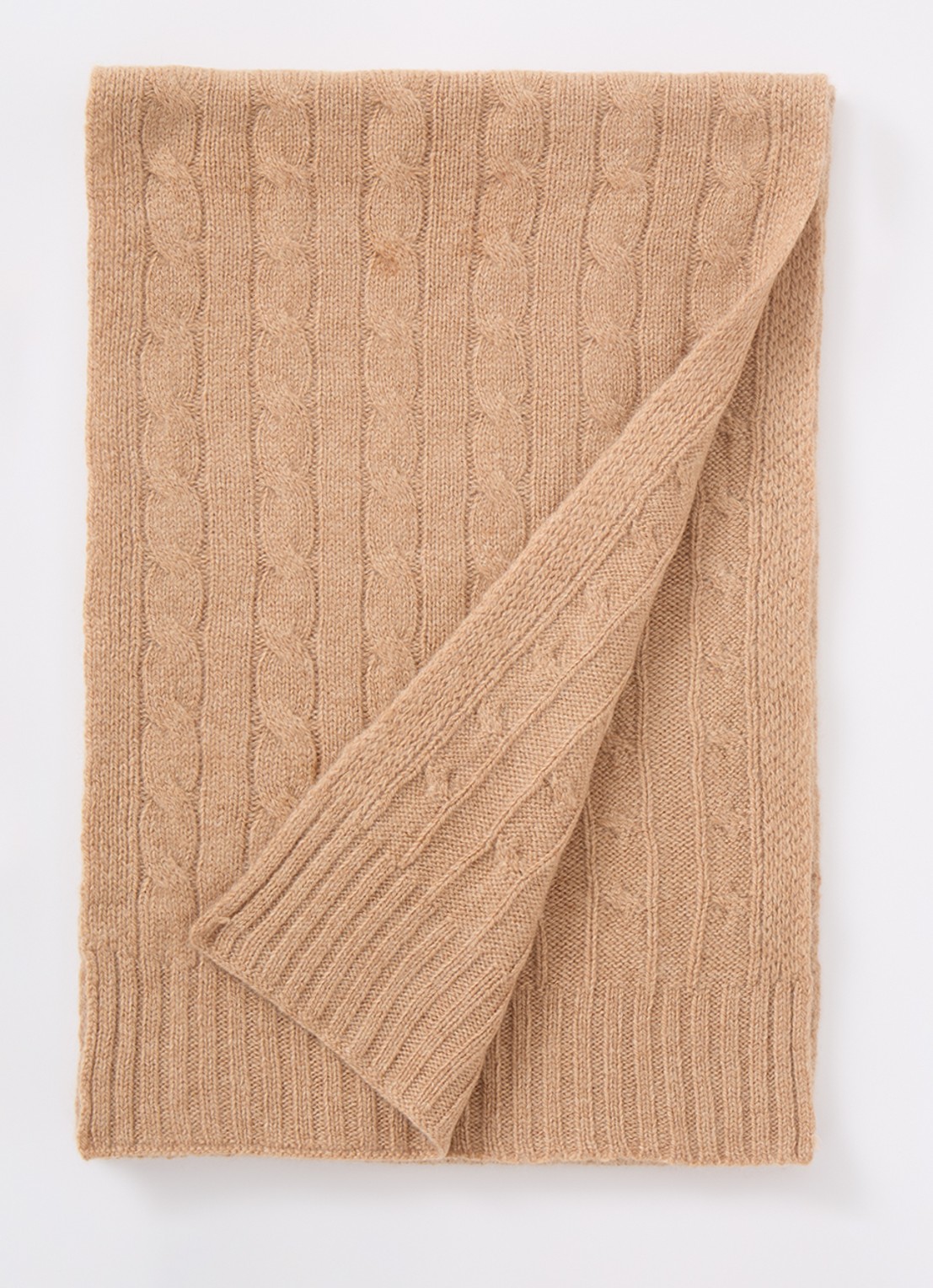Ralph Lauren Kabelgebreide sjaal in kasjmierblend 183 x 27 cm - voorkant 3 camel