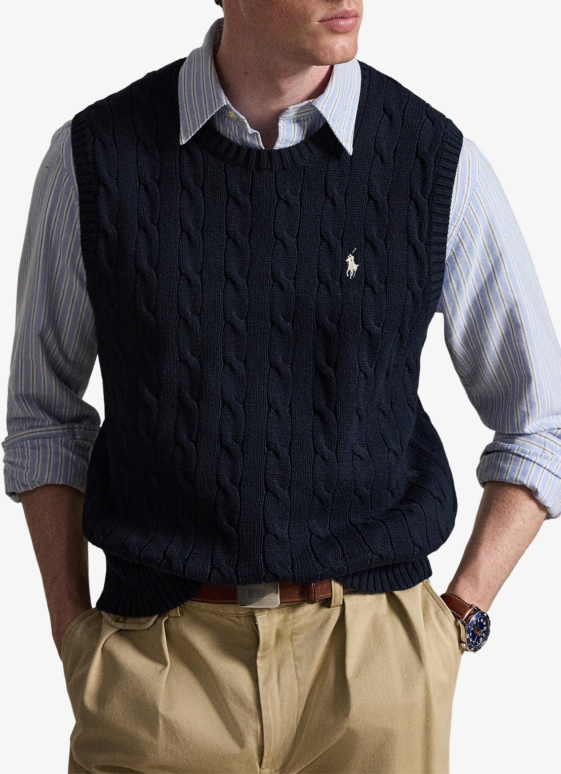 Ralph Lauren Kabelgebreide spencer met logo - voorkant 5 hunter navy / donkerblauw
