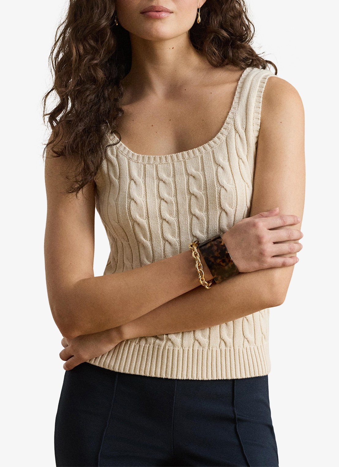 Ralph Lauren Kabelgebreide top met ronde hals - detail 2 creme