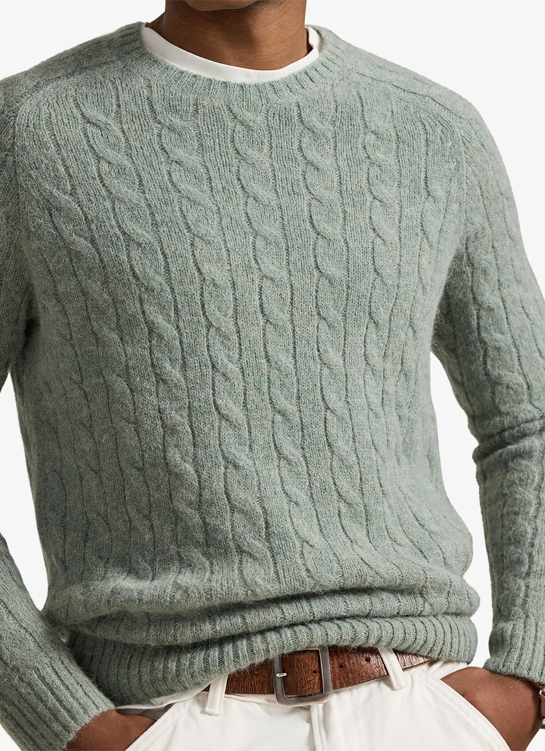 Ralph Lauren Kabelgebreide trui in alpacawolblend - detail 2 fern green heather / groen