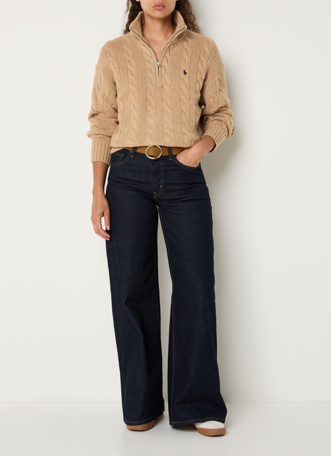 Ralph Lauren Kabelgebreide trui in kasjmierblend met halve rits en logoborduring - voorkant 3 camel