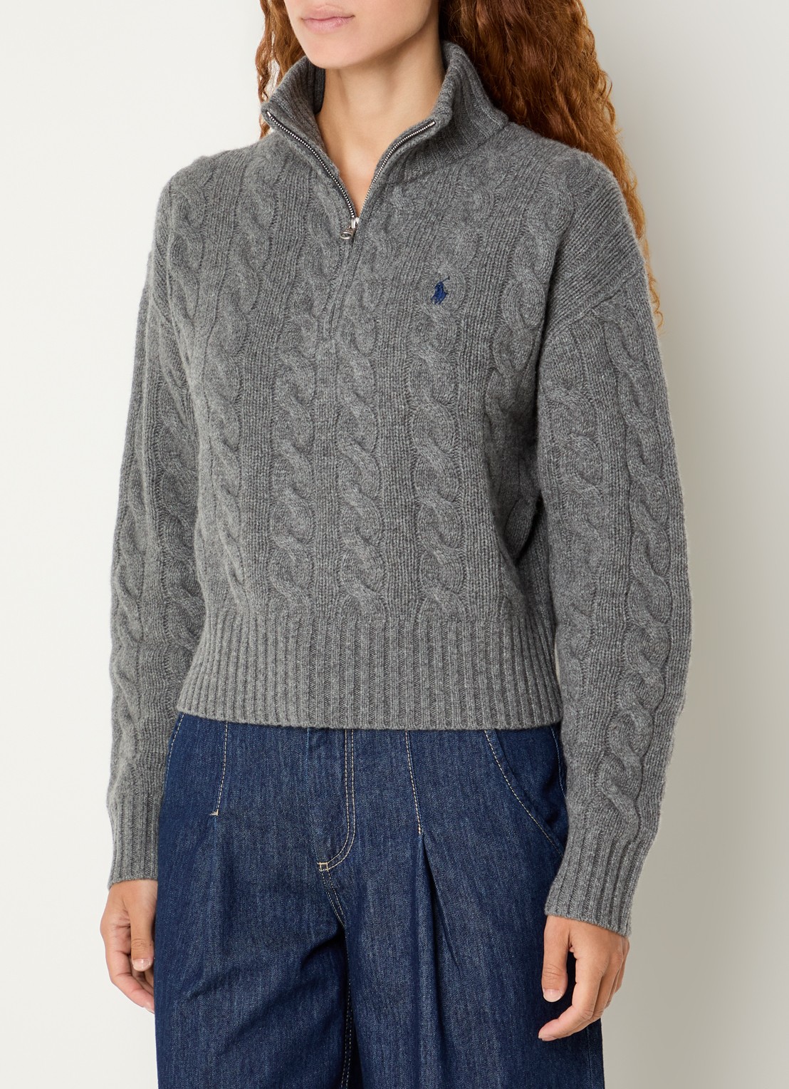 Ralph Lauren Kabelgebreide trui in kasjmierblend met halve rits - detail 2 middengrijs