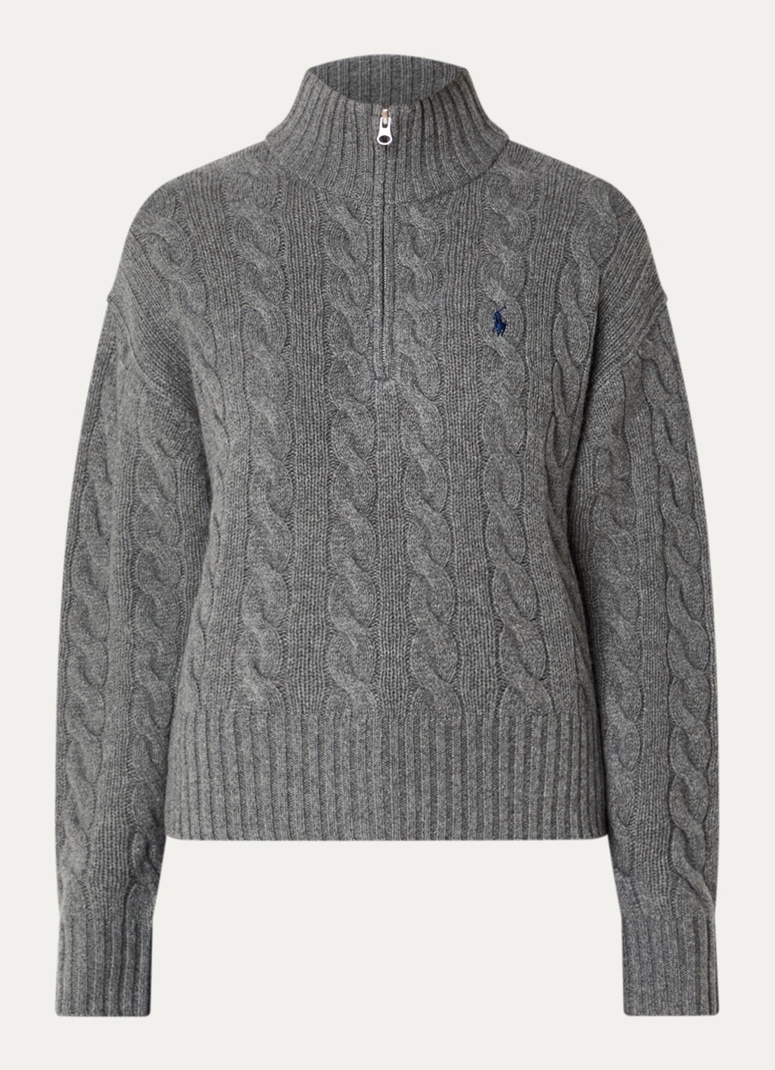 Ralph Lauren Kabelgebreide trui in kasjmierblend met halve rits - voorkant 3 middengrijs