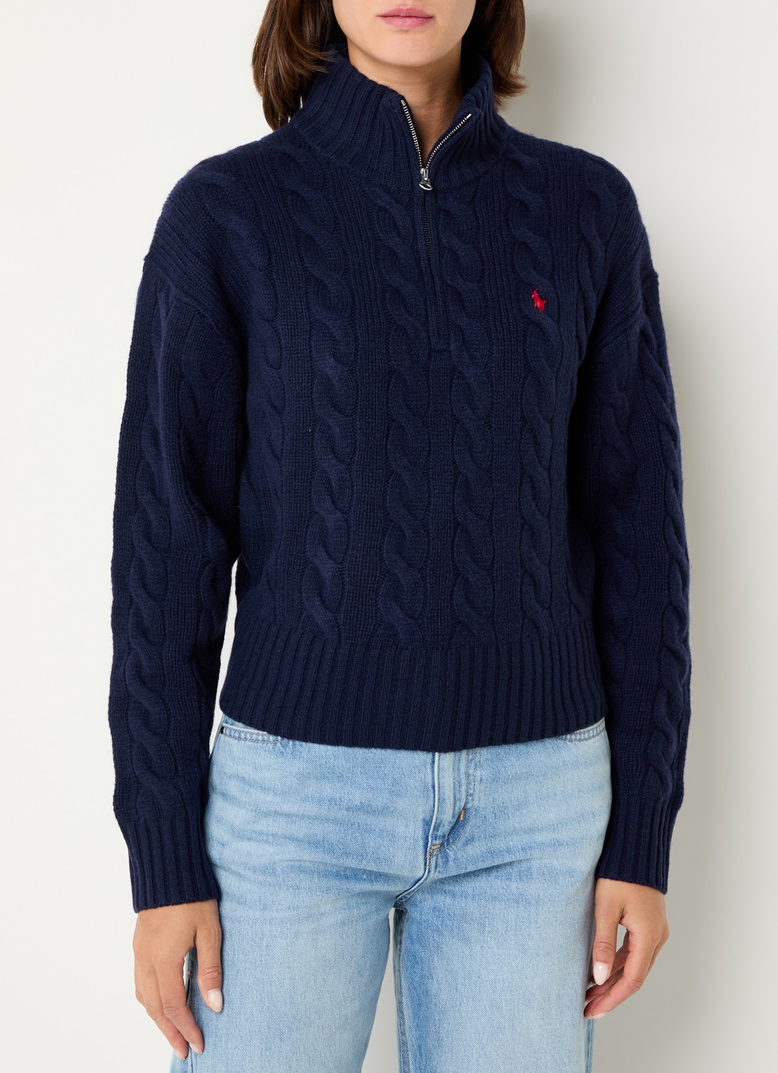 Ralph Lauren Kabelgebreide trui in kasjmierblend met halve rits  - detail 2 donkerblauw