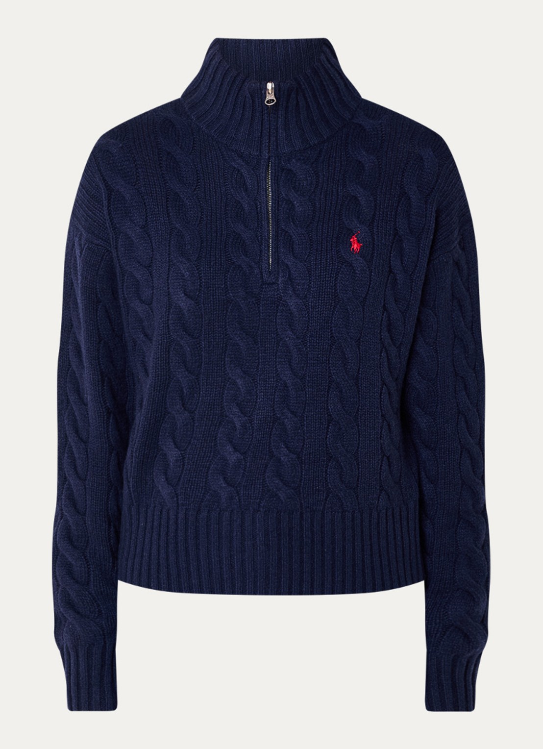 Ralph Lauren Kabelgebreide trui in kasjmierblend met halve rits  - voorkant 3 donkerblauw