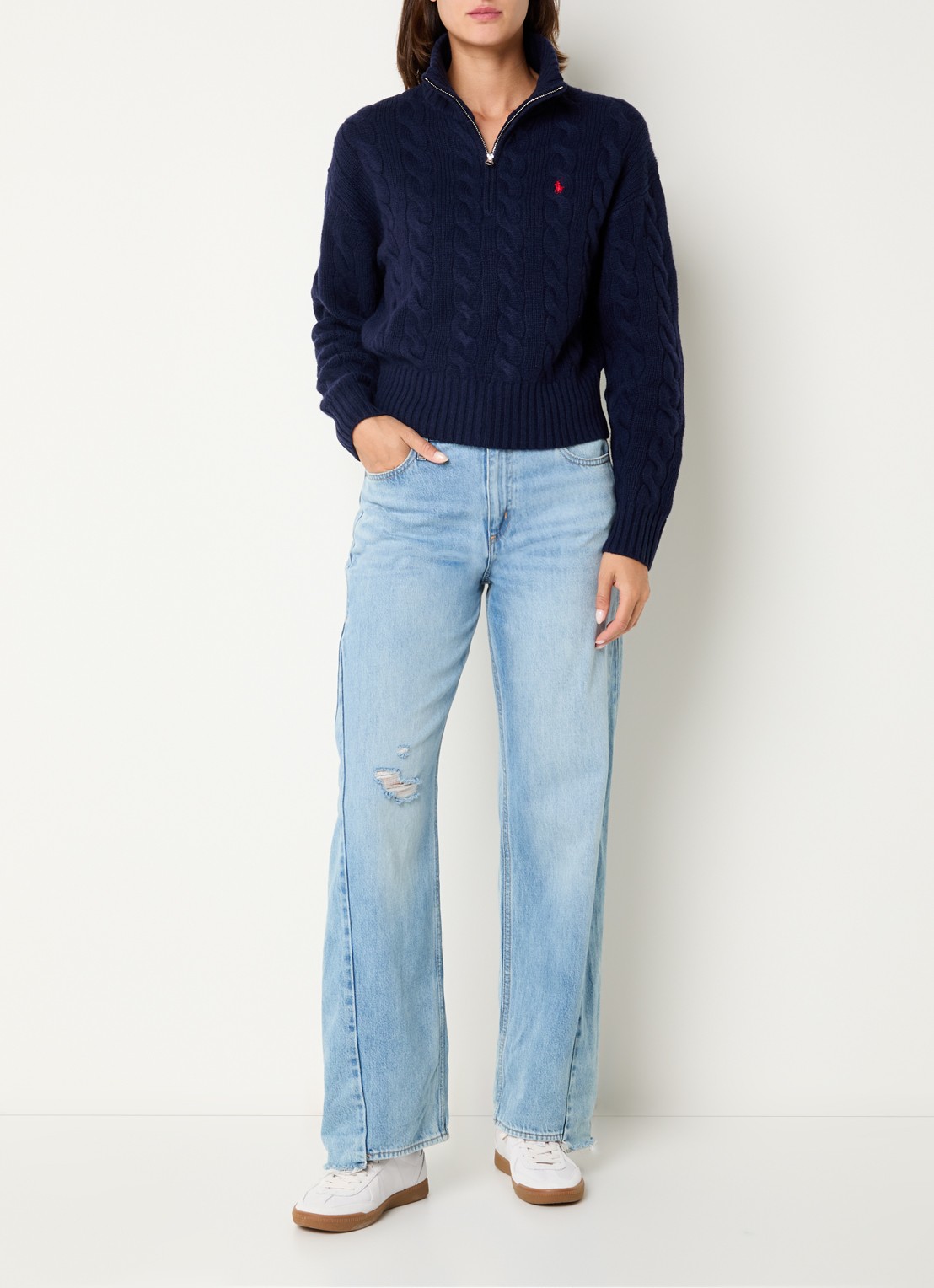 Ralph Lauren Kabelgebreide trui in kasjmierblend met halve rits  - voorkant 4 donkerblauw