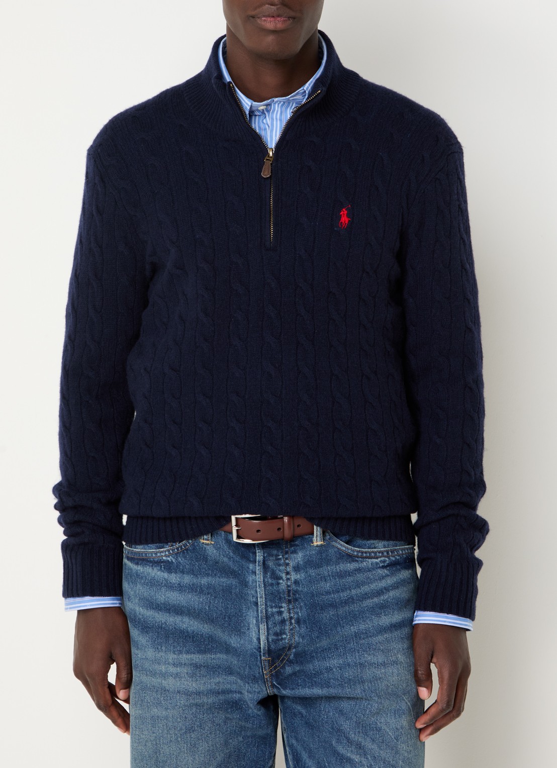 Ralph Lauren Kabelgebreide trui in kasjmierblend met halve rits - detail donkerblauw