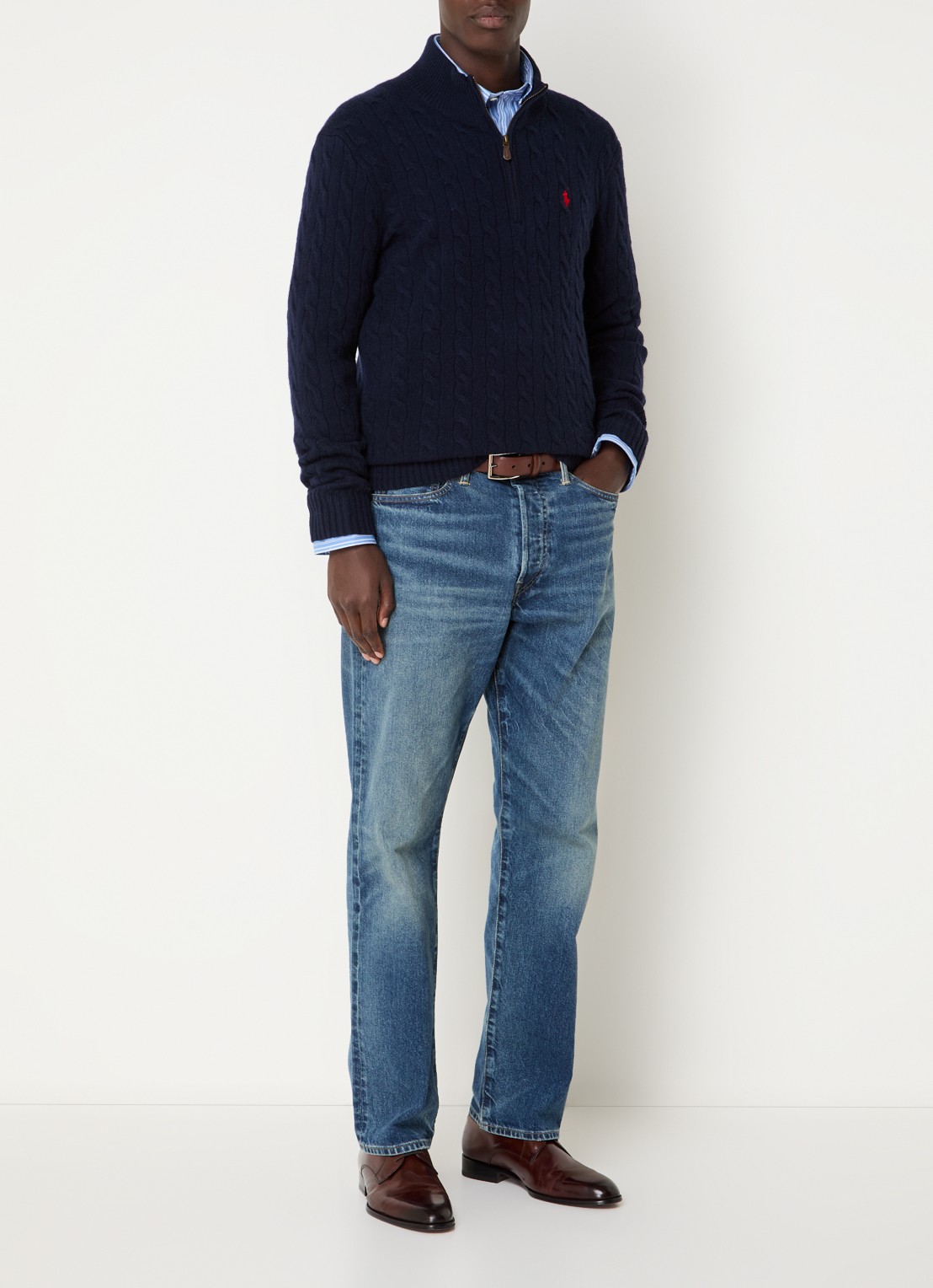 Ralph Lauren Kabelgebreide trui in kasjmierblend met halve rits - voorkant 7 donkerblauw