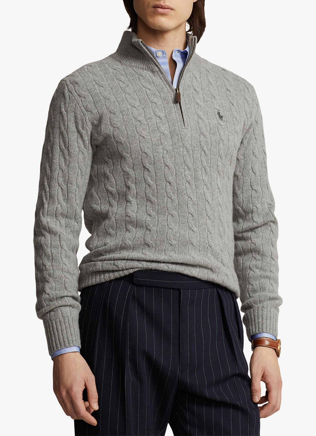 Ralph Lauren Kabelgebreide trui in kasjmierblend met halve rits - detail grijs