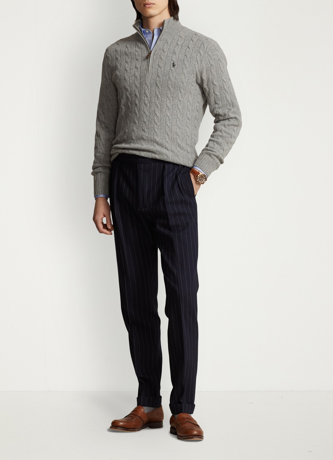 Ralph Lauren Kabelgebreide trui in kasjmierblend met halve rits - voorkant 5 grijs