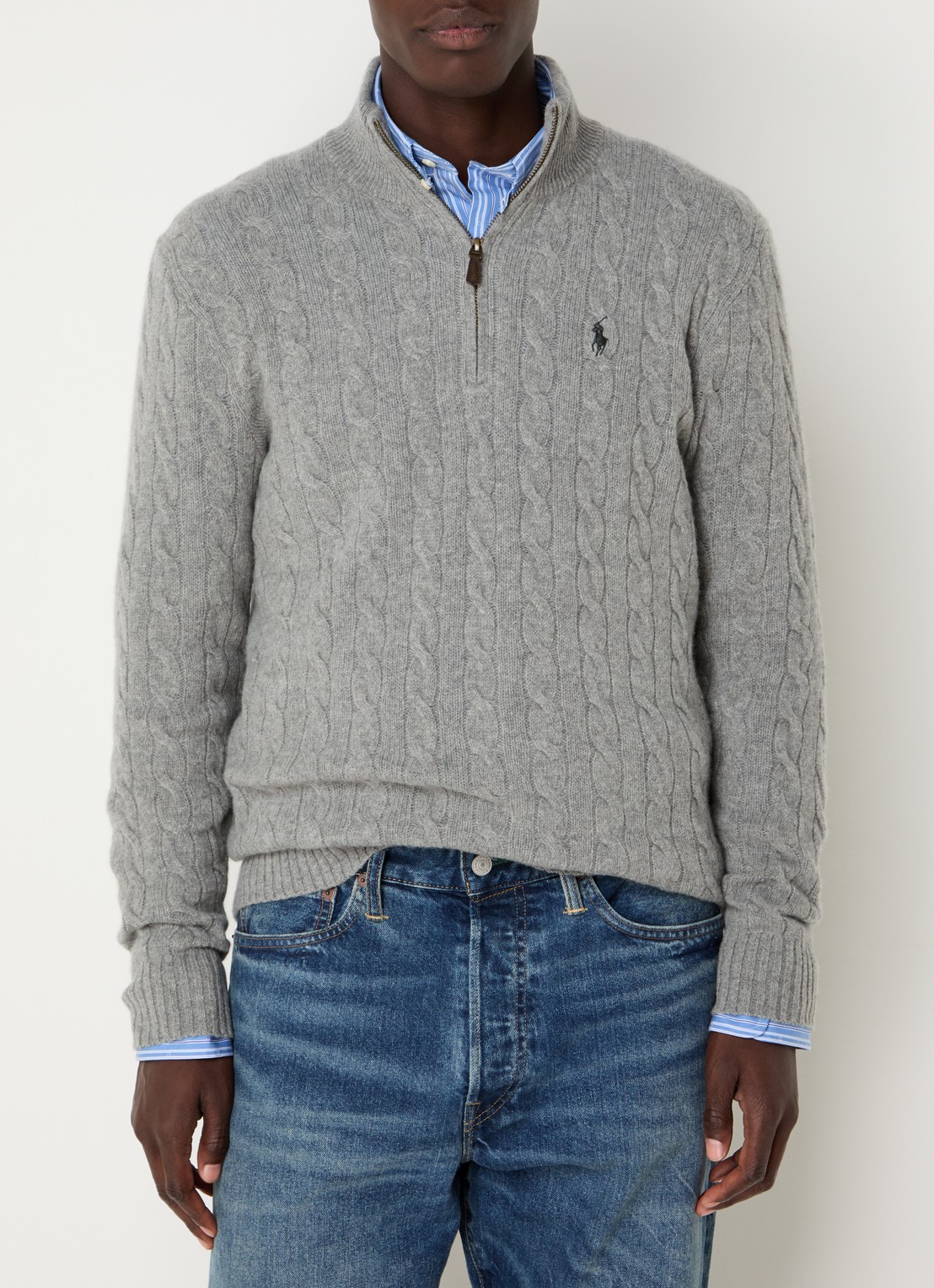 Ralph Lauren Kabelgebreide trui in kasjmierblend met halve rits - detail 3 grijs