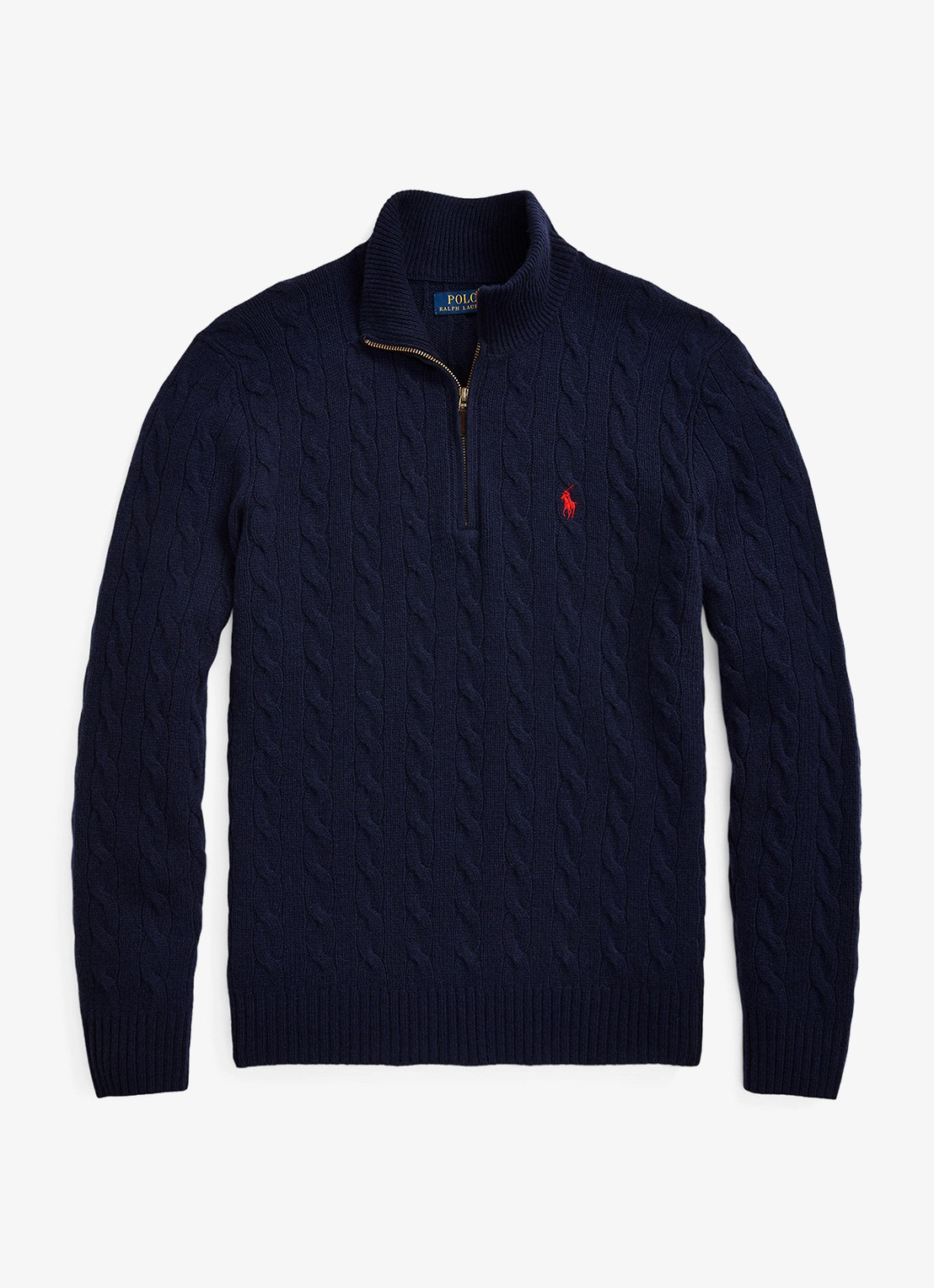 Ralph Lauren Kabelgebreide trui in kasjmierblend met halve rits - voorkant 8 donkerblauw
