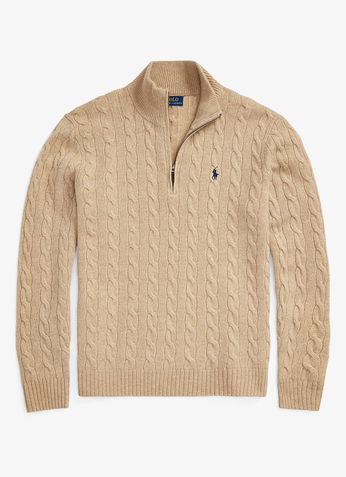 Ralph Lauren Kabelgebreide trui in kasjmierblend met halve rits - voorkant camel