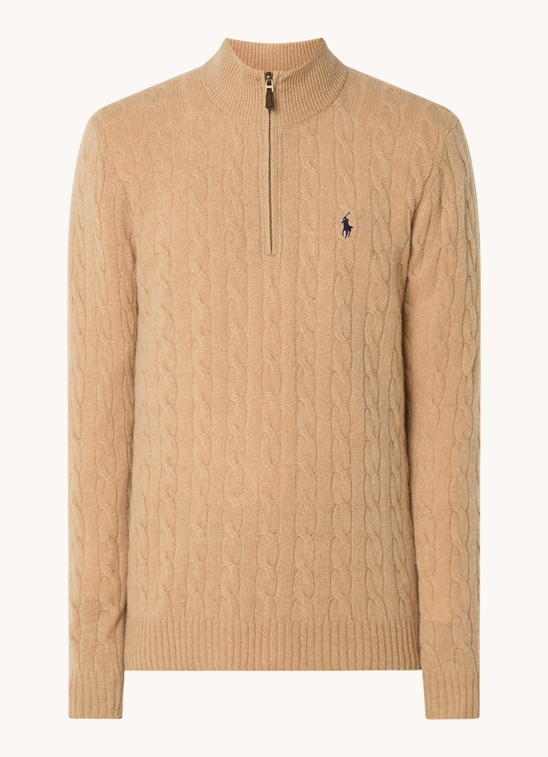 Ralph Lauren Kabelgebreide trui in kasjmierblend met halve rits - voorkant 3 camel