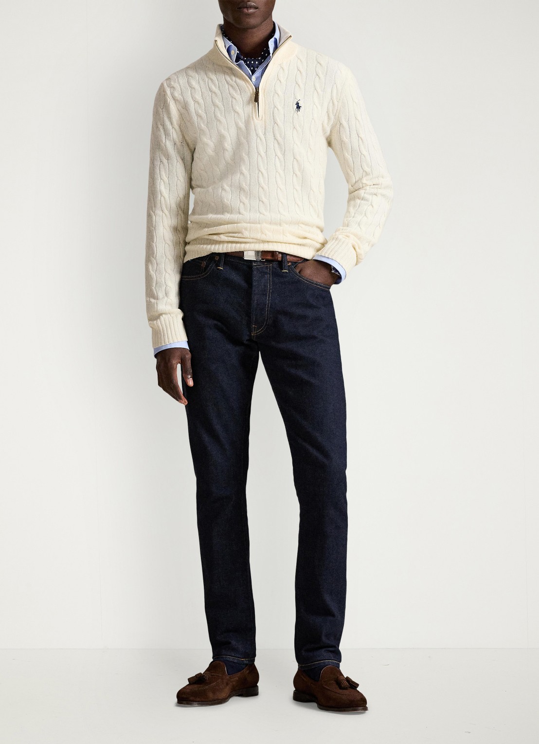 Ralph Lauren Kabelgebreide trui in kasjmierblend met halve rits - detail andover cream / creme