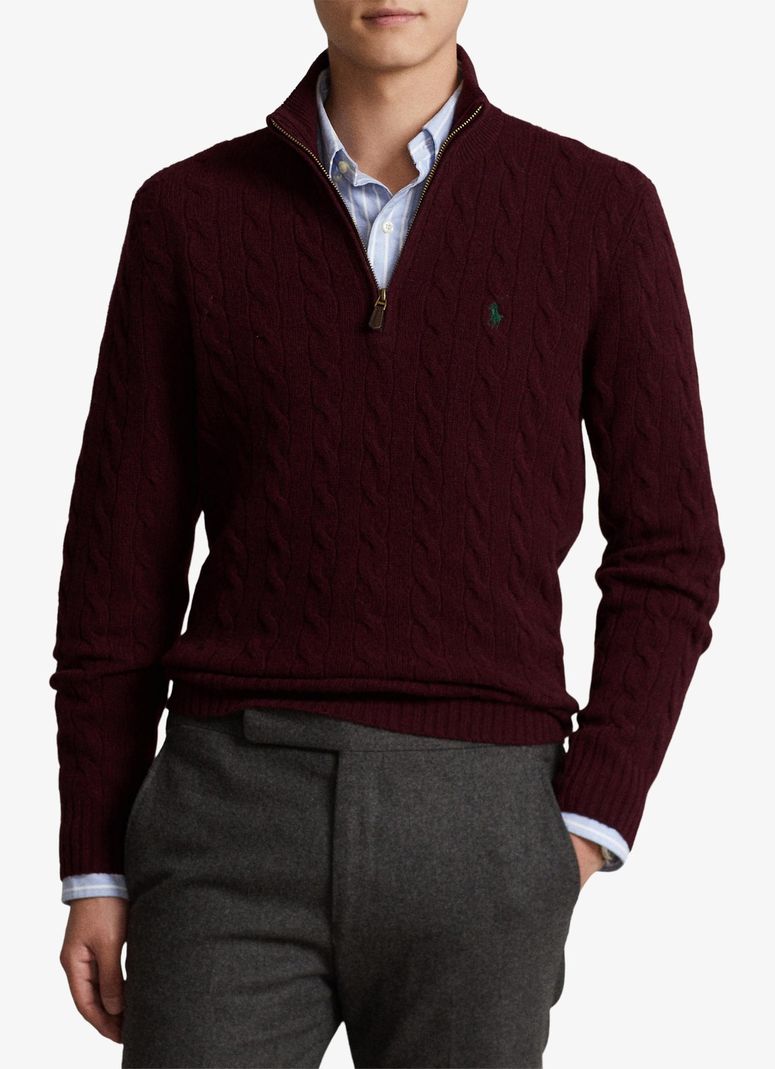 Ralph Lauren Kabelgebreide trui in kasjmierblend met halve rits - voorkant 2 aged wine heather / bordeauxrood