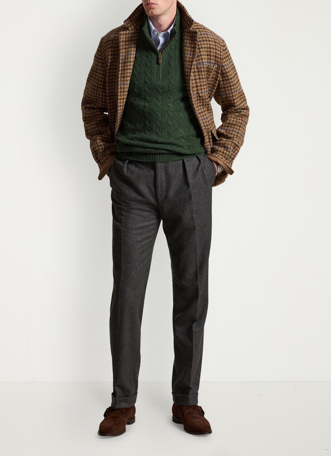 Ralph Lauren Kabelgebreide trui in kasjmierblend met halve rits - detail 3 lodgepole pine heather / donkergroen