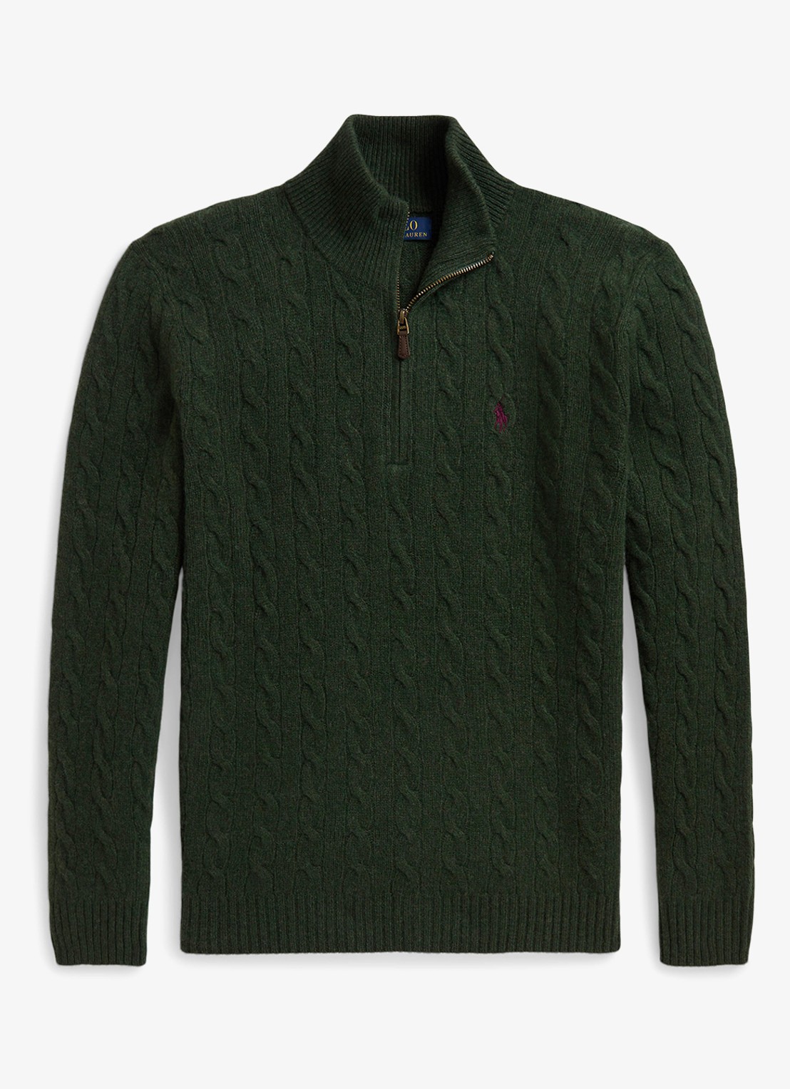 Ralph Lauren Kabelgebreide trui in kasjmierblend met halve rits - voorkant lodgepole pine heather / donkergroen