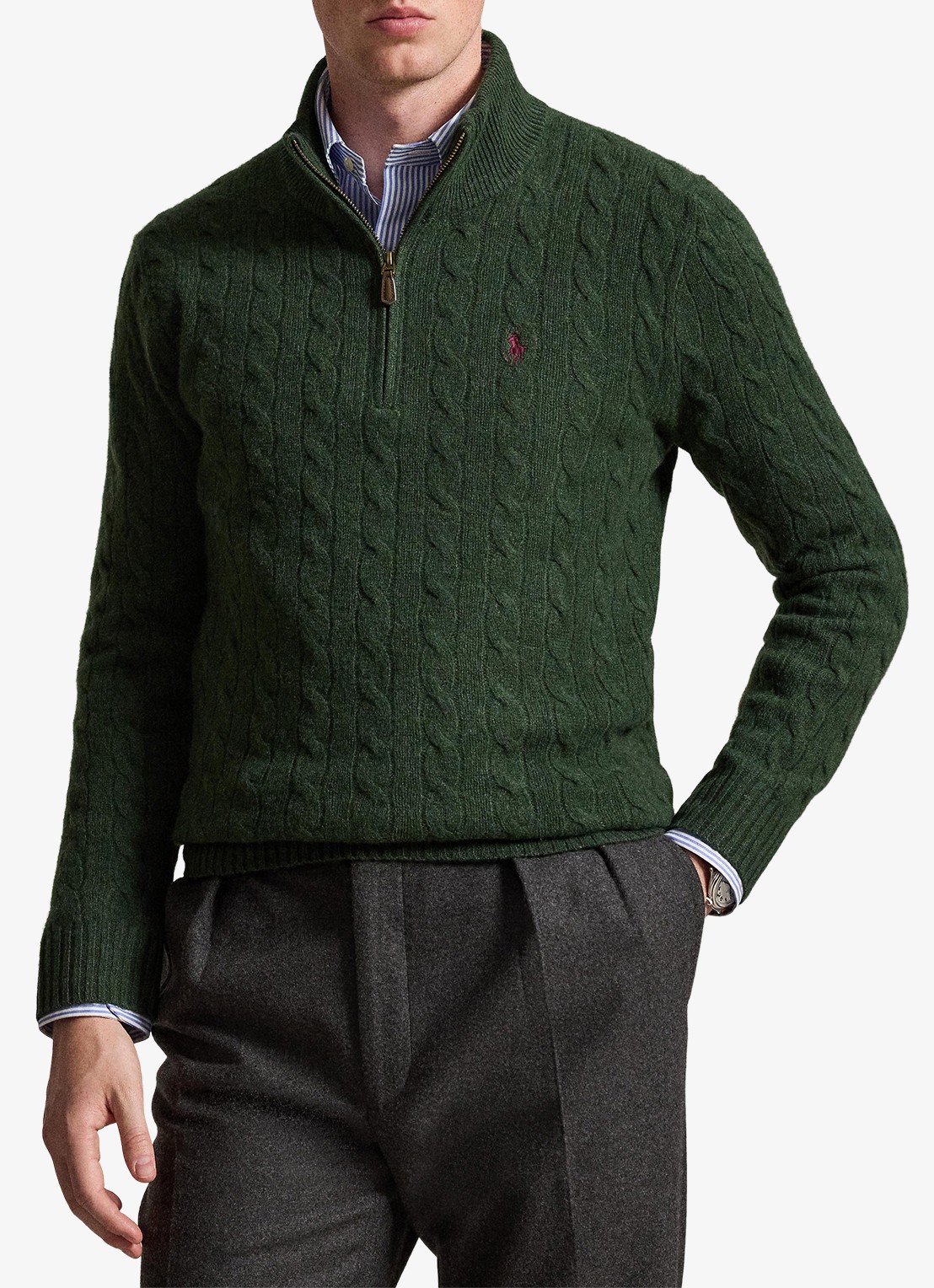 Ralph Lauren Kabelgebreide trui in kasjmierblend met halve rits - voorkant 2 lodgepole pine heather / donkergroen