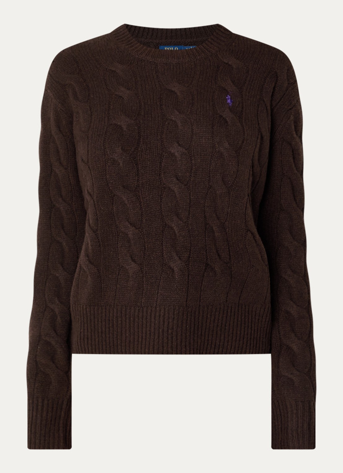Ralph Lauren Kabelgebreide trui in kasjmierblend met logoborduring - voorkant donkerbruin