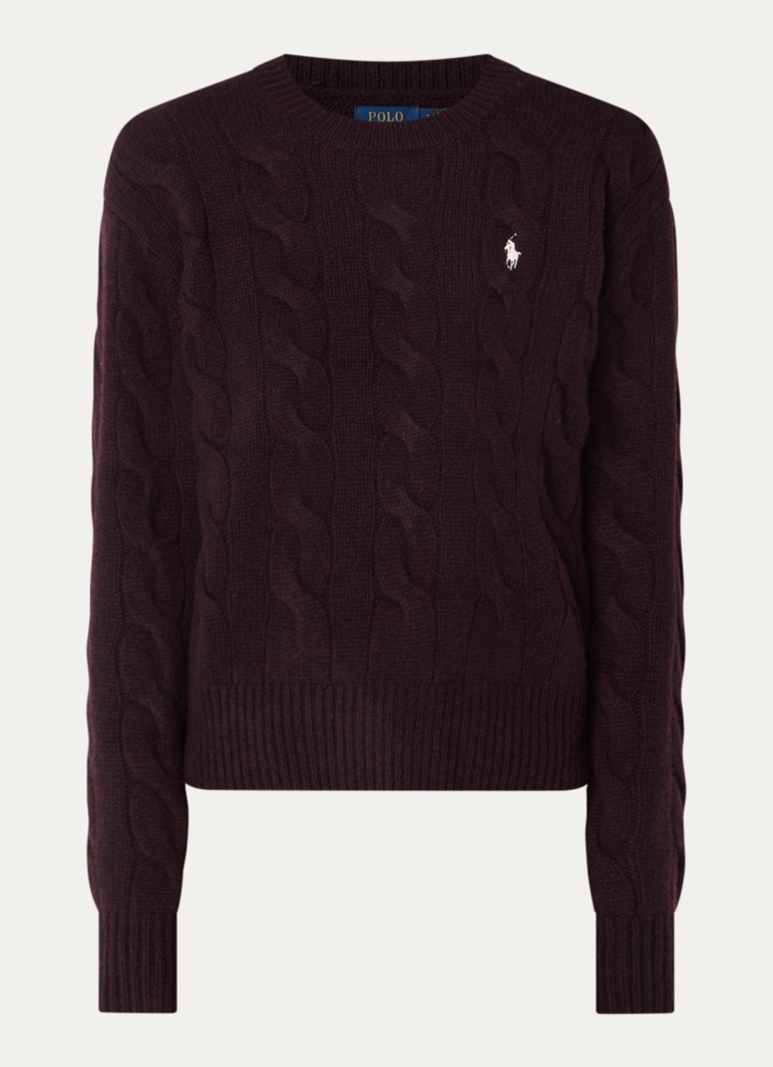 Ralph Lauren Kabelgebreide trui in kasjmierblend met logoborduring - voorkant aubergine