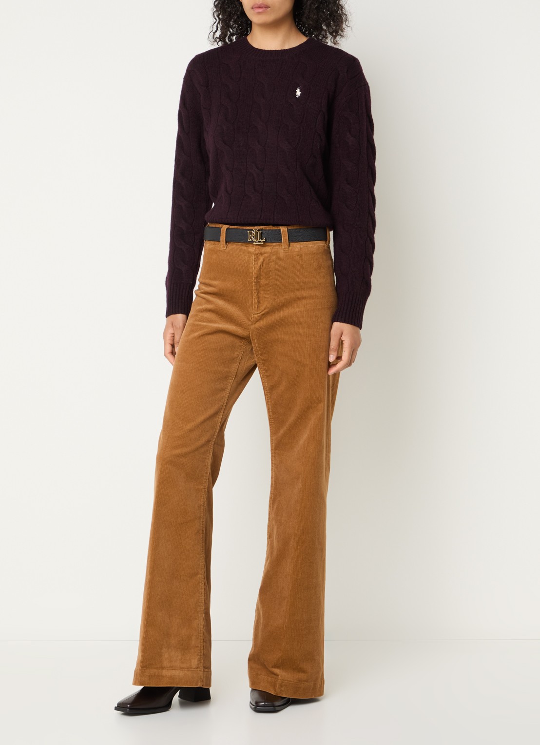 Ralph Lauren Kabelgebreide trui in kasjmierblend met logoborduring - voorkant 2 aubergine