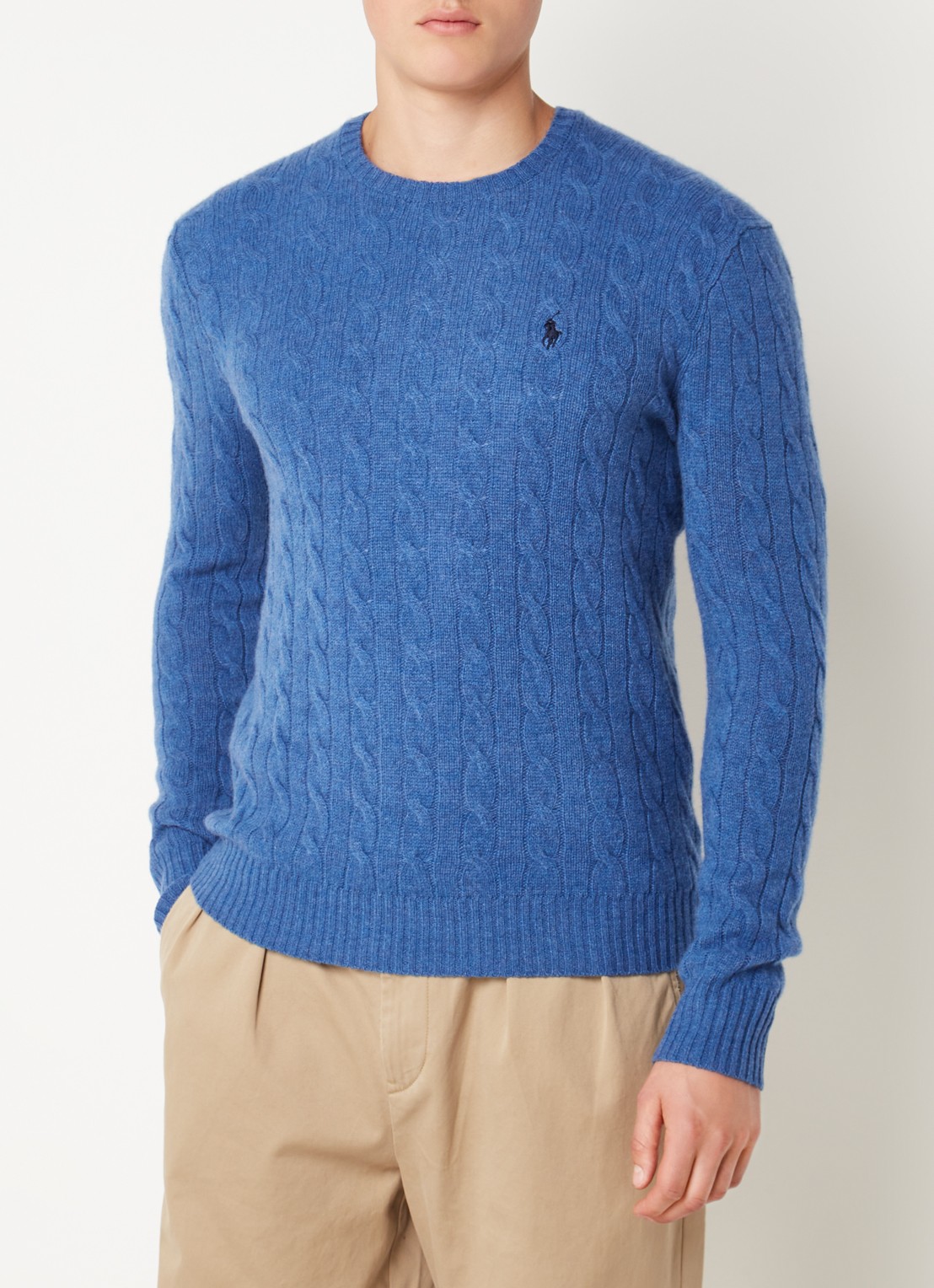 Ralph Lauren Kabelgebreide trui in kasjmierblend met logoborduring - detail twilight blue heather / lichtblauw